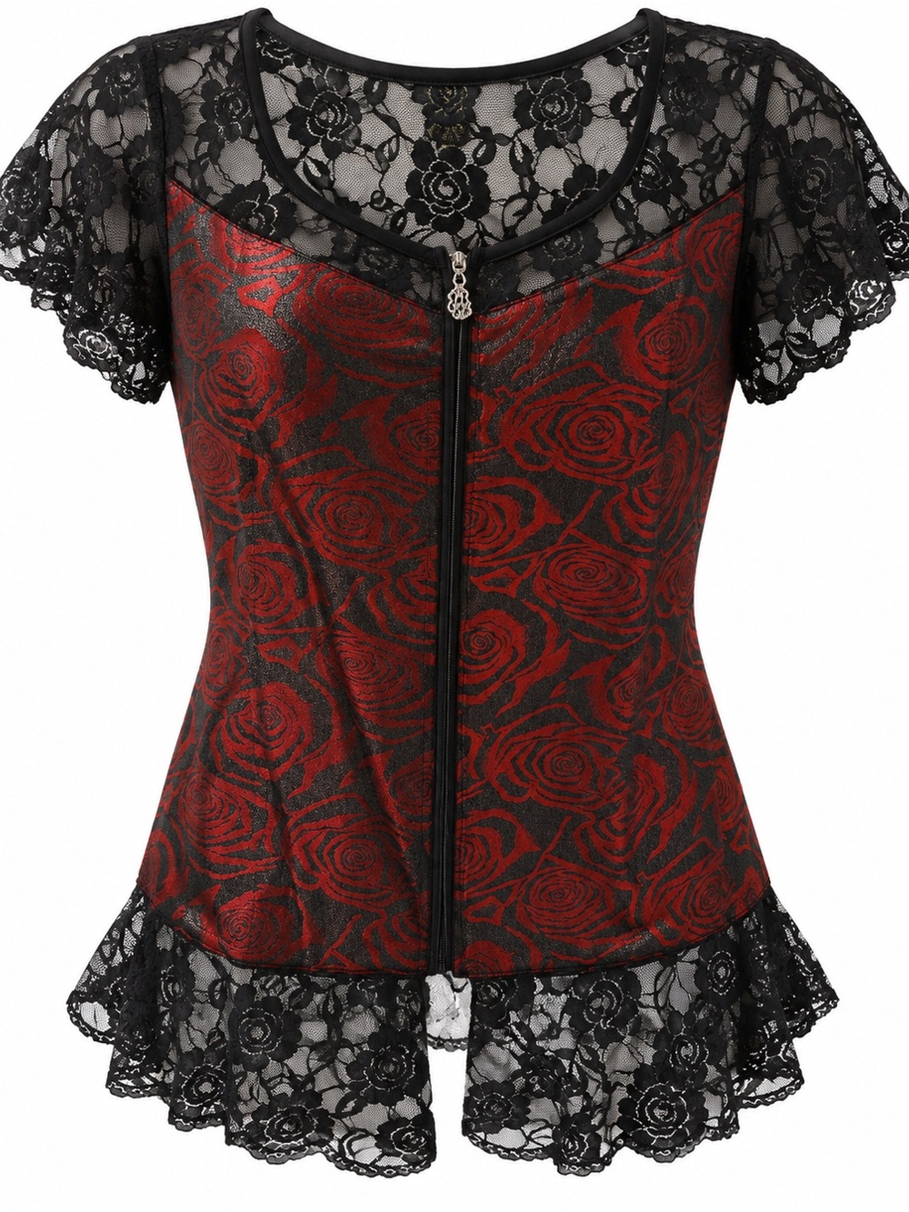 Champagne! By Le Grenier Red Rose Black Lace Zip Front Goth Top M